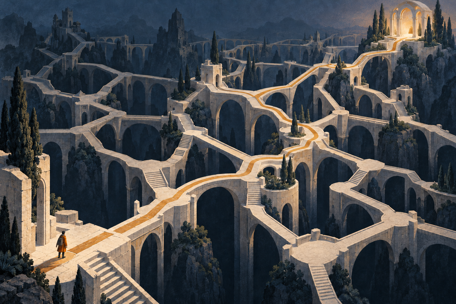 A small explorer faces a vast landscape of branching stone bridges. One golden route crosses the network toward a distant illuminated arch.